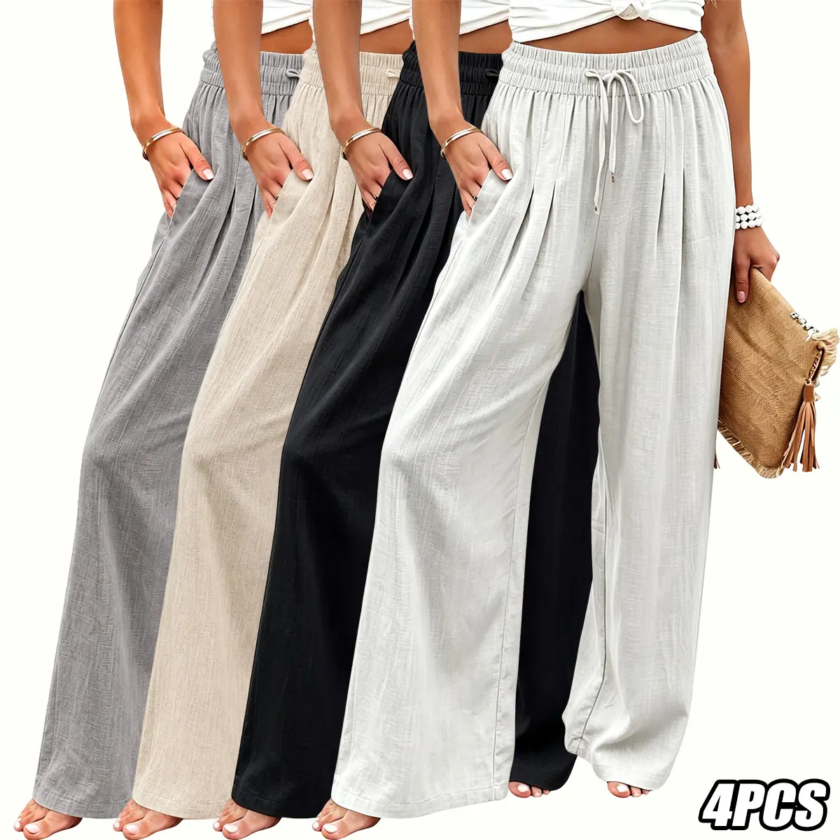 Set of 4 women’s long pants, soft and comfortable with a drawstring waist, elegant straight-leg design, minimalist casual style, suitable for everyday wear and vacations.