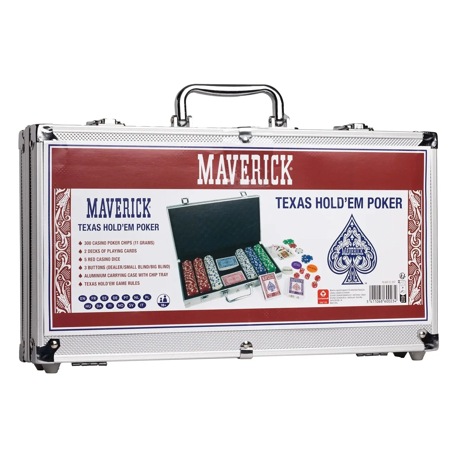Maverick All-in-1 Texas Hold 'Em Poker Kit - Casino-Style, Colored Playing Cards Set with 300 Chips, Felt-Lined Aluminum Case, Portable Party Game for 12+ Ages, Authentic Casino Experience, Casino-Style Poker Sets