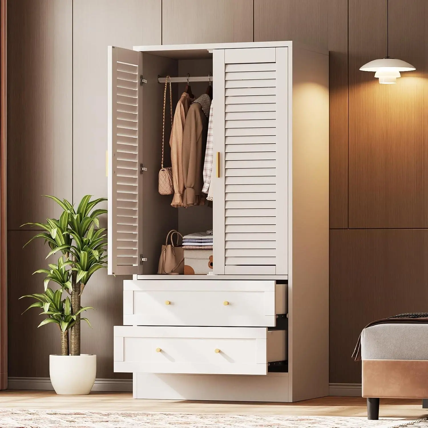 GARVEE 65" Rectangular Wooden Louvered-Door Armoire Wardrobe Closet, White Wood Clothing Storage Cabinet with 2 Doors, 2 Drawers and Hanging Rod for Bedroom, Cloak Room