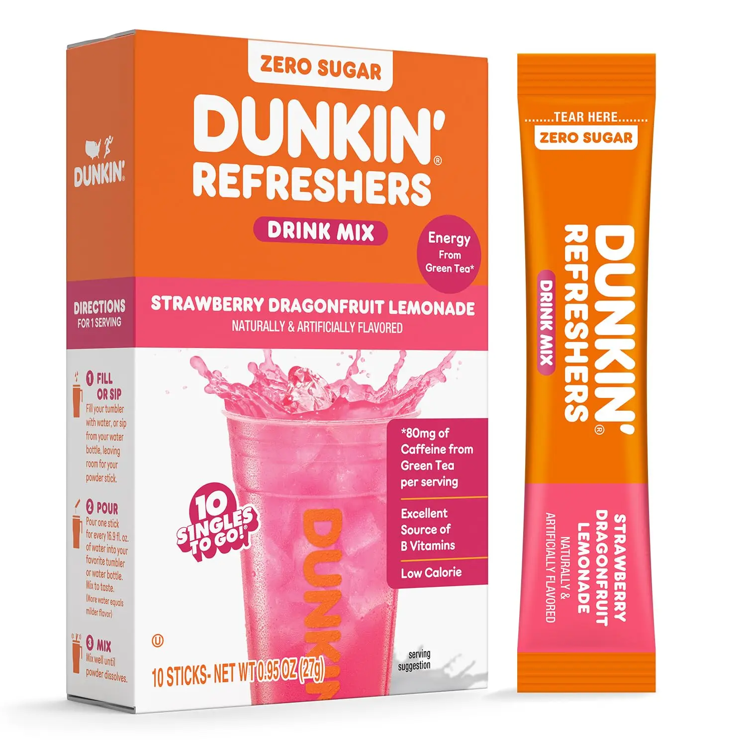 Singles To Go! Dunkin' Refreshers Strawberry Dragonfruit Lemonade Drink Mix, 10 Stick Packs, Sugar Free, Green Tea Caffeine, Aspartame Free, Just Add Water, Refreshing Energy Drink Alternative