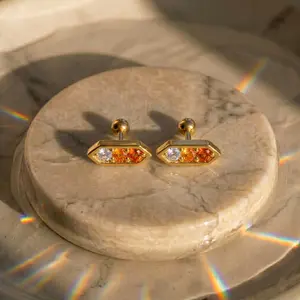 Gold Geometric Hexagon Bar Barbell Earring, Orange Citrine Clear CZ Crystal Stud, Cartilage Helix Tragus Conch Piercing Jewelry, Y2K Dainty Minimalist 14K Gold Plated Stainless Steel Hypoallergenic Gift For Her Women And Teen Girls