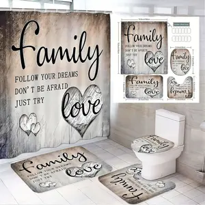 1/4pcs Family Love Rustic Vintage Bathroom Set, Shower Curtain Sets - Shower Curtain with 'Follow Your Dreams' Cursive 'Family' & Heart 'Love' Illustration, Matching Bath Mats & Toilet Seat Cover - Perfect for Mother's Day, Anniversary, Family Gathering
