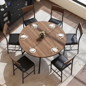 【2 BOXES SHIPPING】Pamapic 47'' Round Dining Table Set for 6, Kitchen Table and Chairs for 6, Dining Room Circle Dinner Pedestal Table, Solid Metal Frame,Space Saving Wood Small Kitchen & Dining Room Furniture,Walnut