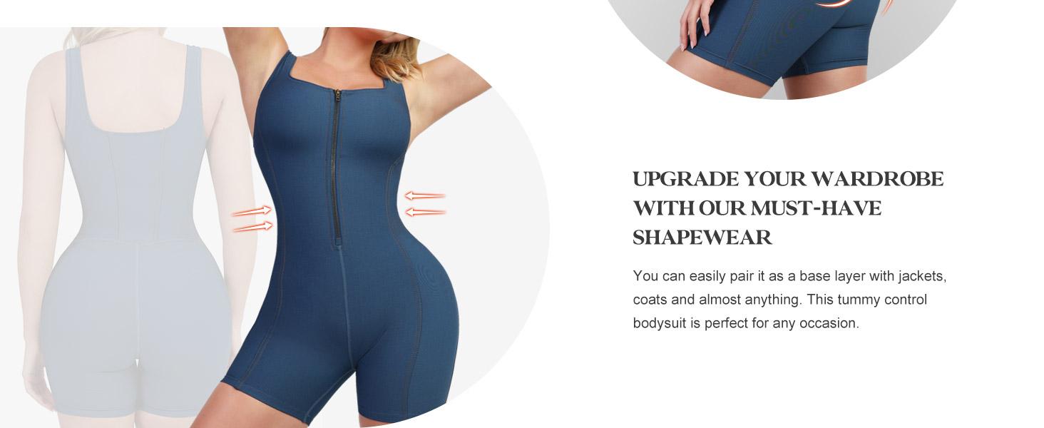 BRXL Faux Denim Jumpsuit for Women - Built-in Shapewear Tummy Control Bodycon Romper with Flared Legs & Bronze Zipper - Casual Fashion Bodysuit#Summervibes #beachoutfit, Lady