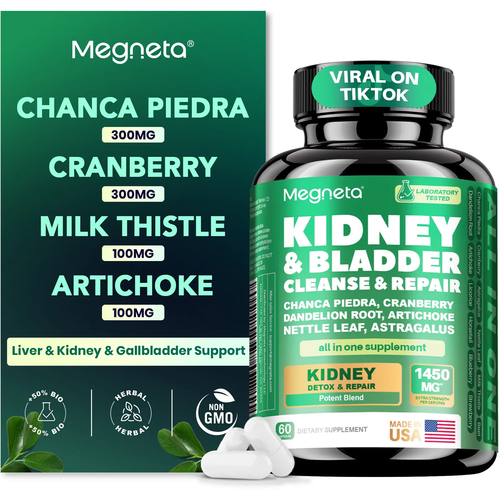 Kidney Cleanse Supplement for Women & Men – Chanca Piedra, Cranberry, Dandelion Root & Milk Thistle – Bladder & Urinary Tract Support – 1450mg Herbal Complex – 60 Capsules