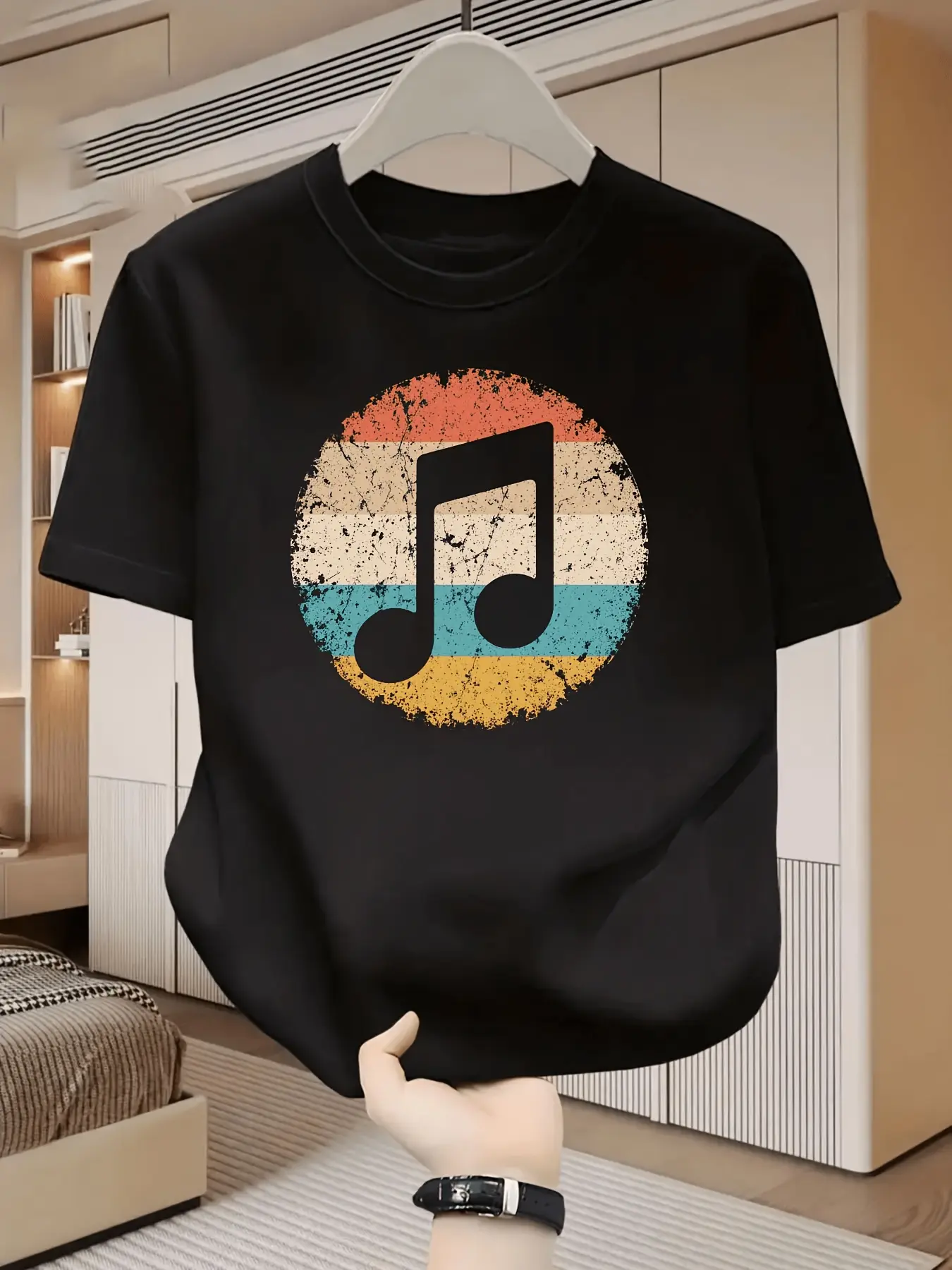 This Black T-Shirt Showcases a Retro Music Note Pa unisex soft cotton short sleeve t shirt, vintage graphic casual tee for men women teens, perfect birthday holiday gift for camping travel gym daily street  wear