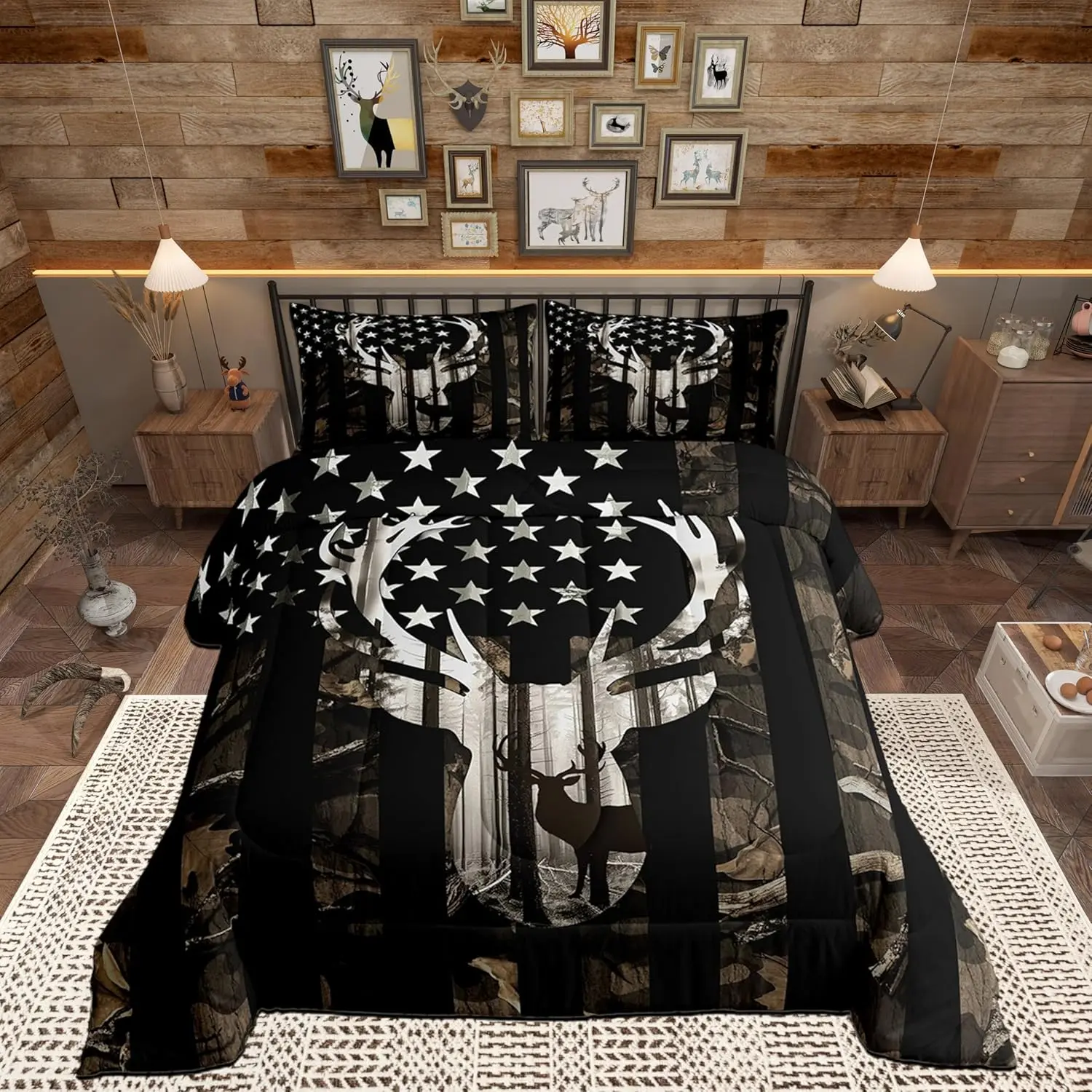Feelyou Camouflage Print American Flag Comforter Set - Grey Deer Antlers, Wild Animals, Hunting Rustic Branches Leaves Bedding, Breathable Durable All Seasons King Size, Machine Washable Multi-Size Quilt Set