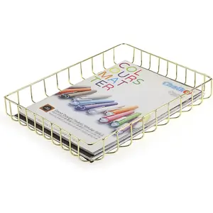 Multipurpose A4 File Tray Wire Desk Tray Organizer Elegant Letter Size Desk Documents Trays Magazine Files Storage Basket Organizer Bin for Office Cosmetics Bathroom(Gold)