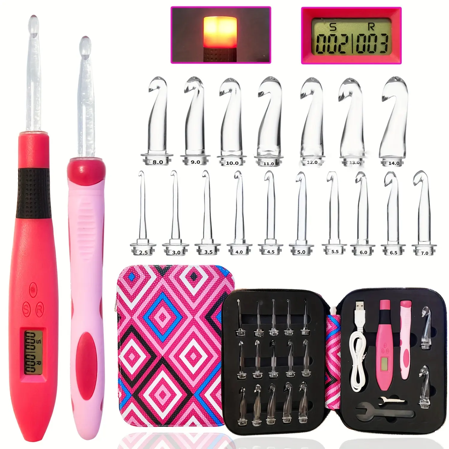 Lighted Crochet Hook Set with Digital Stitch & Row Counter, 17 Sizes (2.5 mm-14.0 mm) for Sewing Projects