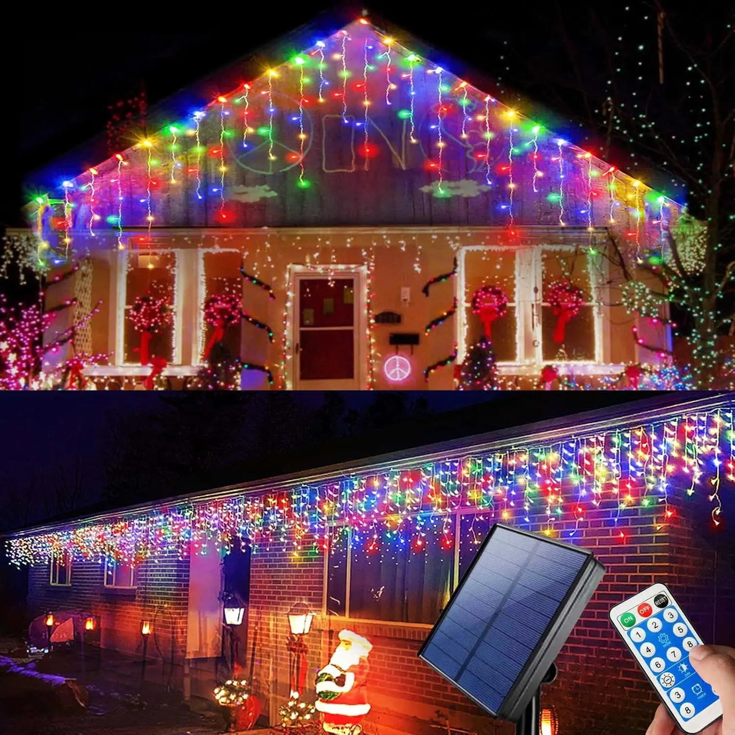 Multi-Color Outdoor LED Icicle Lights - 14.5Ft, 160 LEDs, Solar, Timer, Remote Control, Hanging Window Decoration for Christmas, Hanging Decoration, Led Lighted