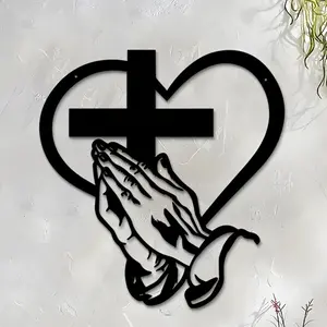 Elegant Christian Metal Wall Decor, 15.74 Inch Praying Hands Heart Cross Design, Durable Iron Sculpture for Indoor Outdoor Farmhouse Style, Religious Home Decor