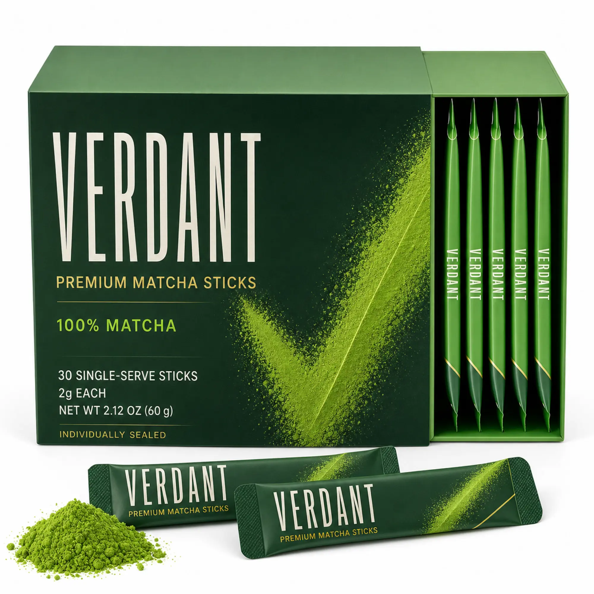 Verdant Premium Chinese Matcha Sticks, 30 Individually Sealed 2g Single-Serve Packets, 100% Matcha Green Tea Powder for Hot or Iced Tea, Matcha Lattes and Smoothies, No Measuring Needed for Home, Office, Travel and On-the-Go, 60g / 2.12 oz