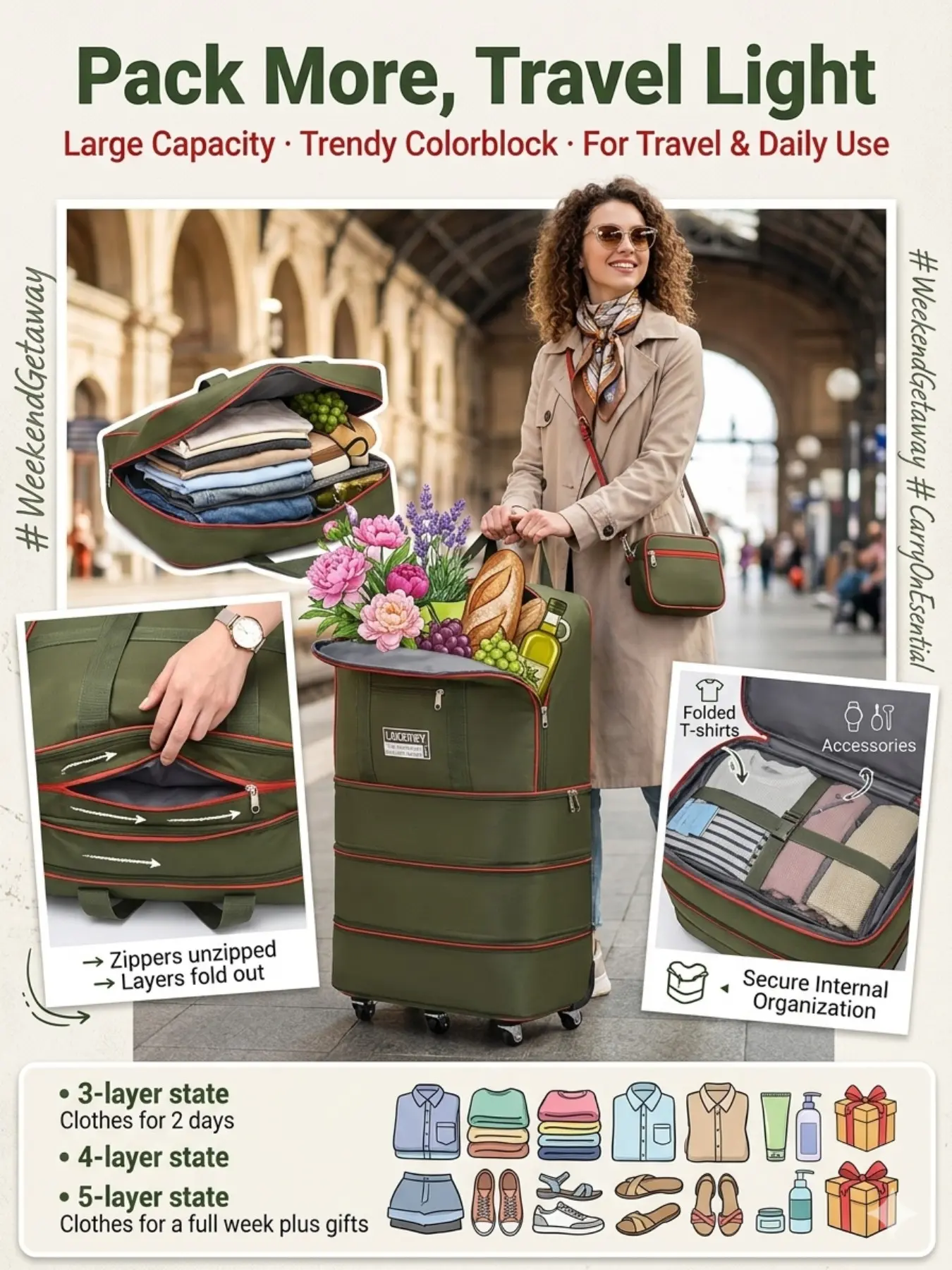6-Wheel Telescopic Expandable Foldable Travel Bag, Folds Flat to 5cm, 4-Layer 80cm 100L, 5-Layer 95cm 120L, Blue & Colorblock, Lightweight Travel Bags, Travel Weekender Bag