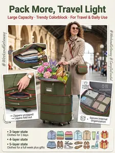 6-Wheel Telescopic Expandable Foldable Travel Bag, Folds Flat to 5cm, 4-Layer 80cm 100L, 5-Layer 95cm 120L, Blue & Colorblock, Lightweight Travel Bags
