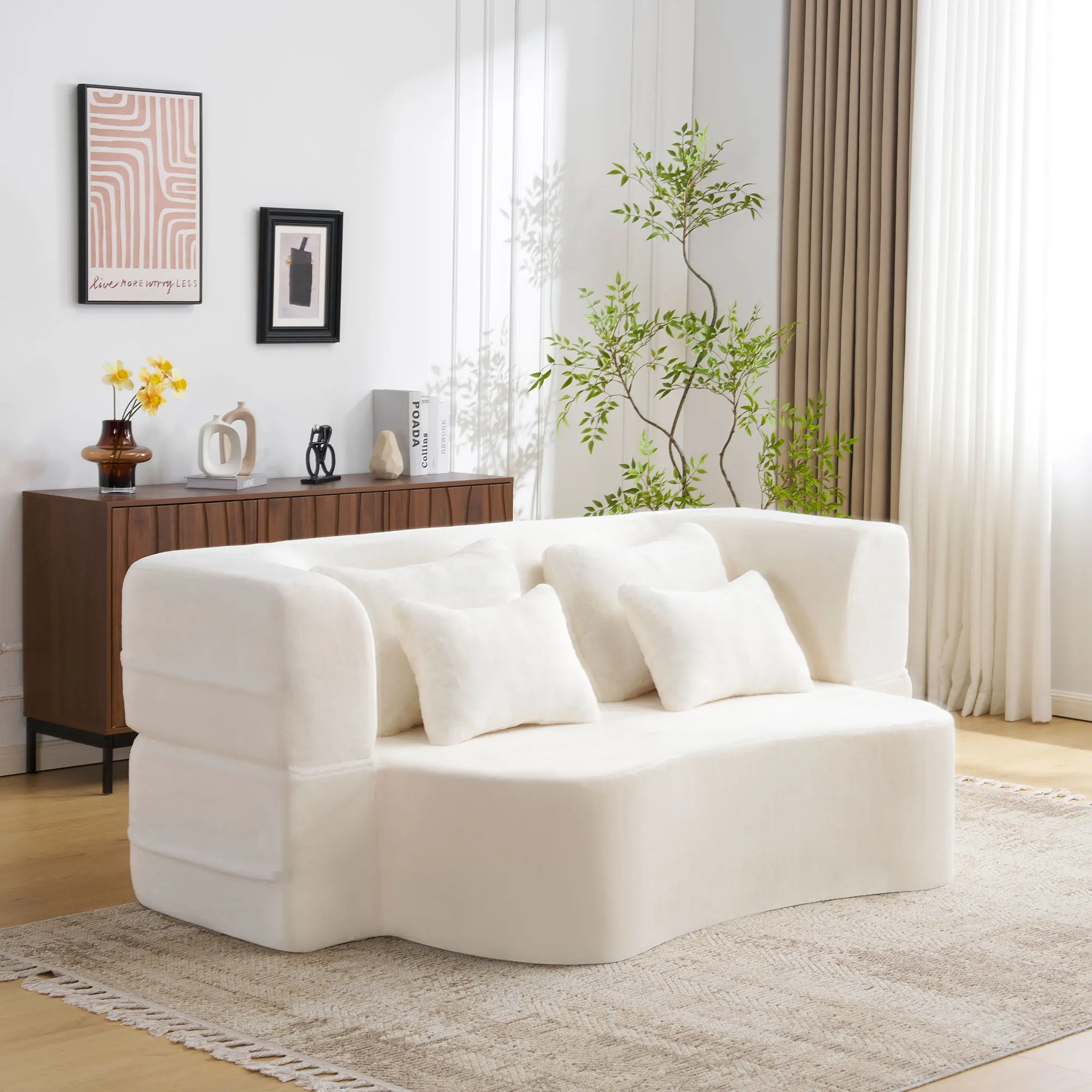 Queen Size Modern White Floor Sofa with 4 Pillows, Plush Fabric Futon Sofa Couch, High-Density Foam Folding Mattress for Living Room,Guest, Bedroom,No Assembly Required