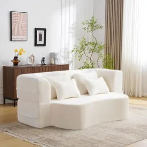 Queen Size Modern White Floor Sofa with 4 Pillows, Plush Fabric Futon Sofa Couch, High-Density Foam Folding Mattress for Living Room,Guest, Bedroom,No Assembly Required