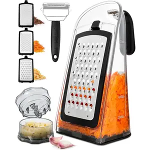 Cheese Grater with Garlic Crusher – Stainless Steel Box Grater with Handle, Includes Vegetable Peeler, Food Shredder, and Garlic Mincer Tool