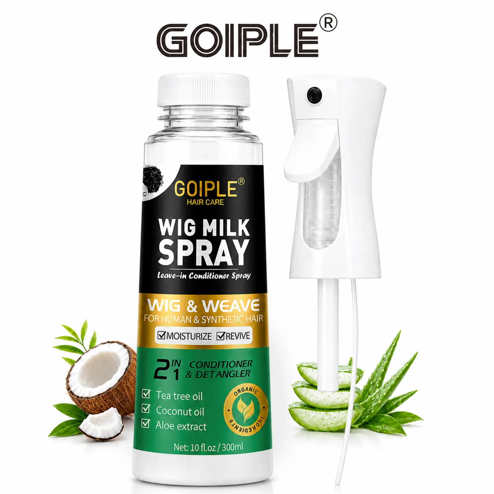 Goiple Continuous Fine Mist Spray Pump Wig Milk Spray 10 fl oz Leave-In Conditioner Spray for Synthetic Hair, Hydrates & Replenishes Haircare Moisturizing Tea Tree Coconut Aloe