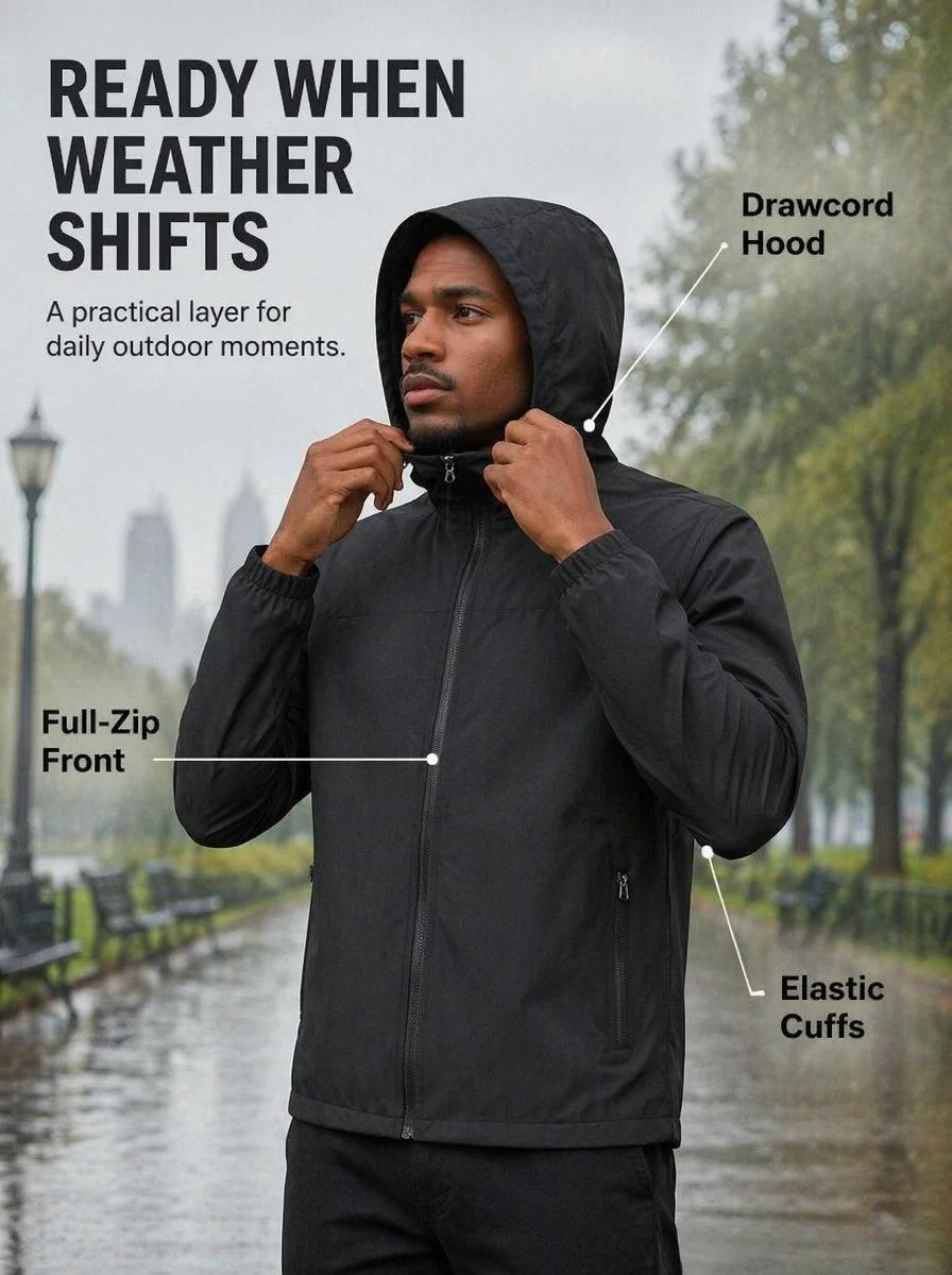 Men’s solid-color windproof hooded jacket with drawstring and zipper; casual long-sleeve jacket with zippered pockets; four-season men’s outerwear; casual-style jacket; men’s mountaineering sports jacket