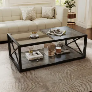 Modern Coffee Table for Bedroom & Living Room, Tempered Glass&Rustic Wood Grain MDF, Industrial Style Coffee Table