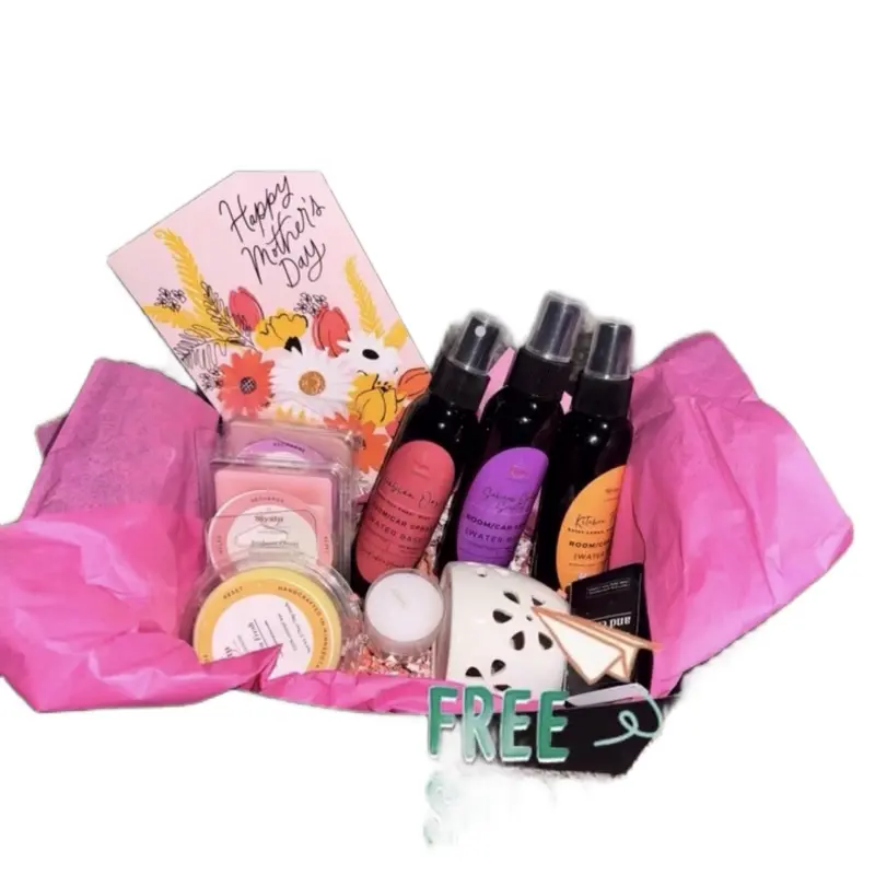 Includes  All 3 wax melts scents  3 Room Sprays (Water Base/Oil Base) 1 Wax Melt Warmer  2 Tea-light Candles A Mother’s Day Card