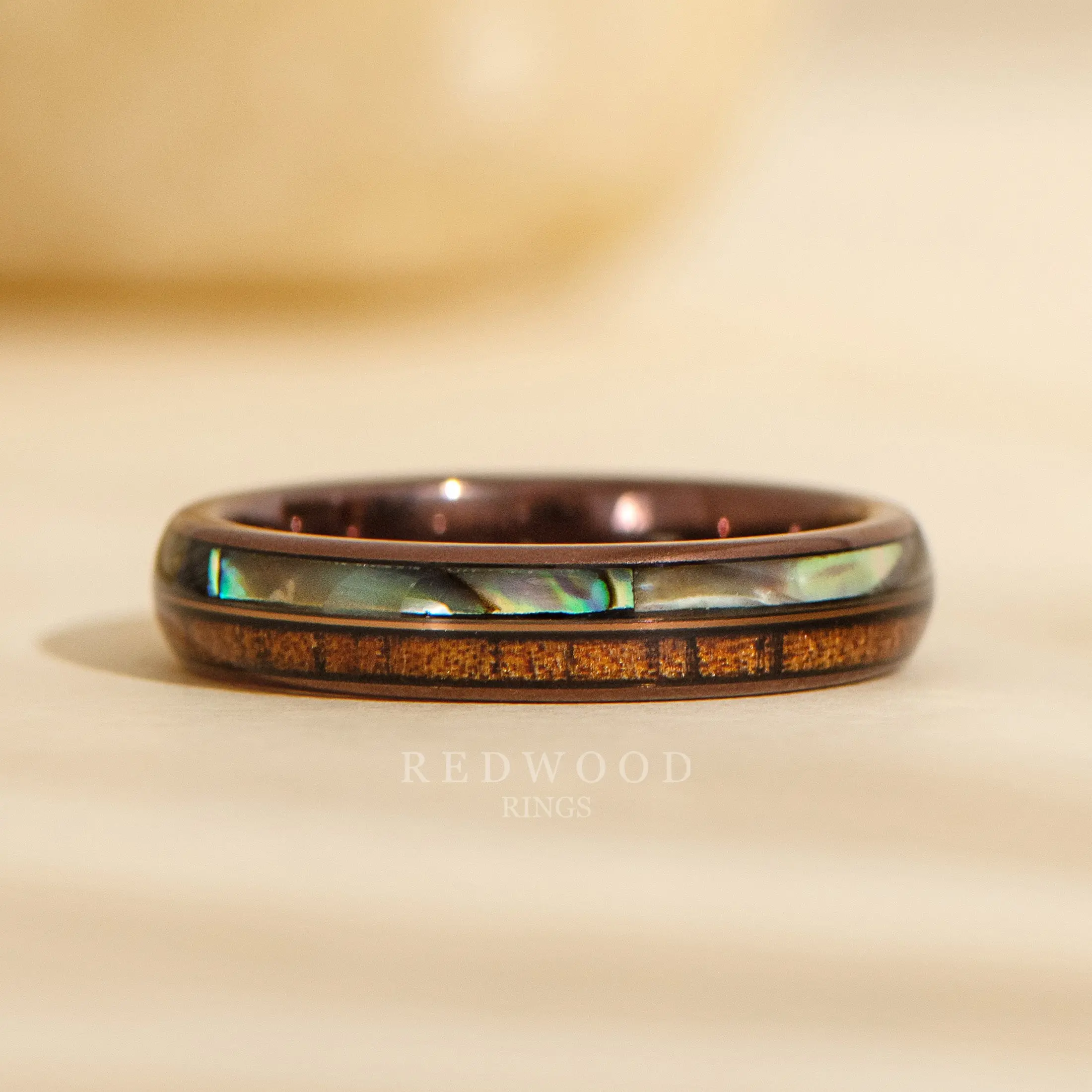 Brown Hawaiian Ring, Koa Wood and Abalone Shell Inlays - 4MM