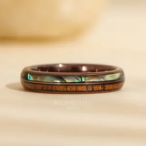 Brown Hawaiian Ring, Koa Wood and Abalone Shell Inlays - 4MM