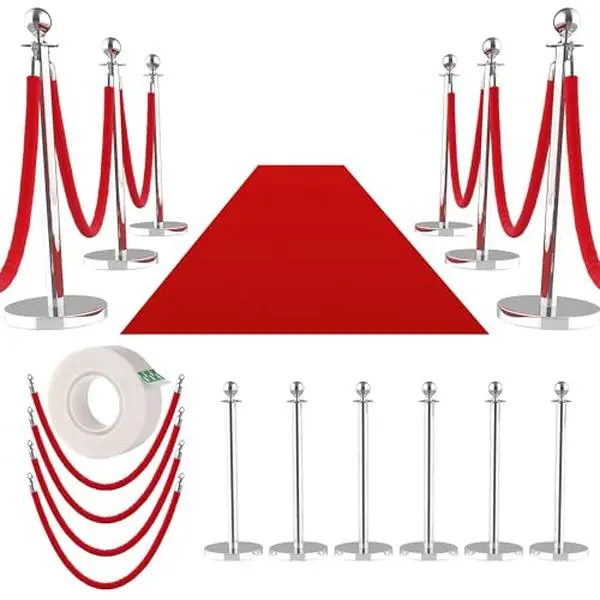 12-Piece Stainless Steel Silver Stanchion Post Crowd Control Barrier Set, 10 Red Velvet Ropes, 26FT Carpet, 5ft Heavy-Duty Concrete-Filled Base, 4-Way Retractable Belts, Flexibility, No Tools Required Assembly for Event Management Queuing Systems