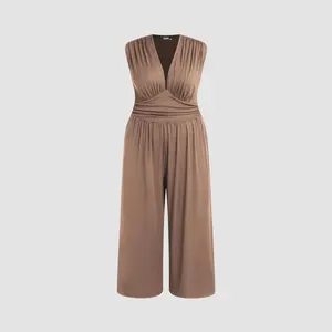 Cider [9 colors, size 0-26] V-neck Ruched Solid Wide Leg Jumpsuit Curve & Plus