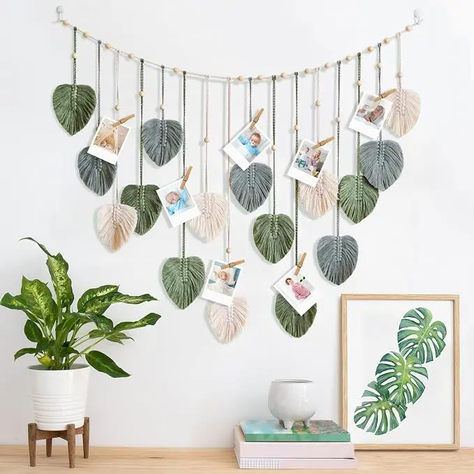 Large Cotton Macrame Leaves Wall Hanging - Boho Woven Wall Art, Photo Display Tapestry, Handmade Home Decor for Nursery, Living Room,Decoration