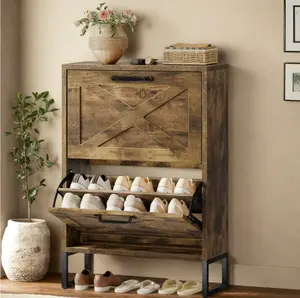 Shoe Cabinet with 2 Flip Drawers, Farmhouse Narrow Shoe Rack Organizer with Metal Legs, Brown