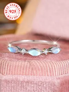 S925 Pure Silver Ring Set with Three Horse Eye Simulated Moonstone Rings, Moonstone Elements, Elegant Fashion Sporty Design, Includes Box, All Seasons Wear