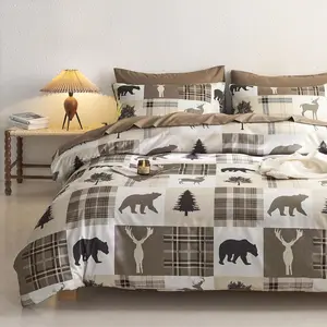 - Rustic Comforter Set, Cabin Christmas Bear Deer Moose Woodland RV Theme, Soft Lightweight Bedding, 3 Pieces, Taupe, Queen Size