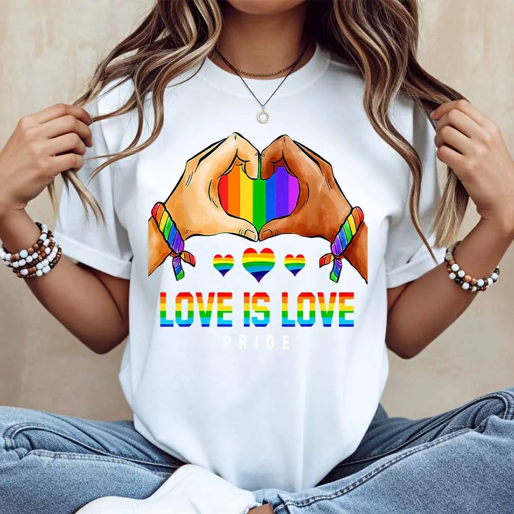 Rainbow Hands Heart Love Is Love Pride Print T Shirt White Casual Loose Fit For Everyday Wear And Outdoor Activities