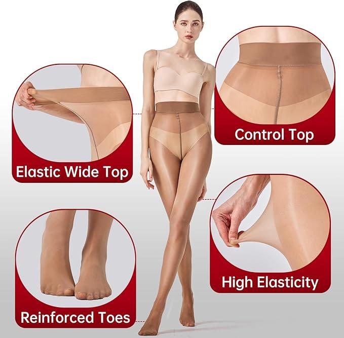 8D Silky Luster Tights for Women, Comfort Double-Gusset Pantyhose, Reinforced Toe Anti-Ladder Hosiery, Plus-Size Friendly