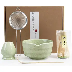 Matcha Tea Set Including Bowl with Spout, Stirrer and Stand, Bamboo Whisk and Spoon, Stainless Steel Sieve, Japanese Tea Ceremony Tool, Tea Infuser