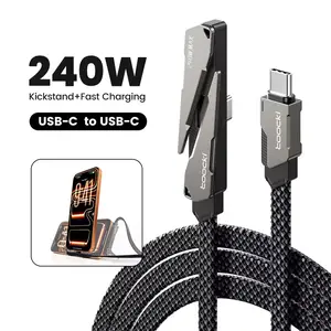 Foldable Built-in Kickstand 240W USB-C Fast Charging Braided Nylon Data Cable With E-Marker Chip For Laptop Tablet Phone