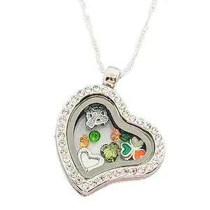 Side Hang Crystal Face Glass Heart Floating Locket with Irish Theme Locket Charms Sterling Silver Chain Celtic Cross Shamrock Rhinestones