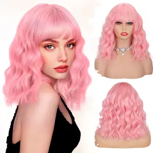 Iridescent Short Wavy Bob Wig with Bangs Soft Natural Wavy Wigs for Women Shoulder Length Synthetic Wig for Cosplay and Daily Party Use