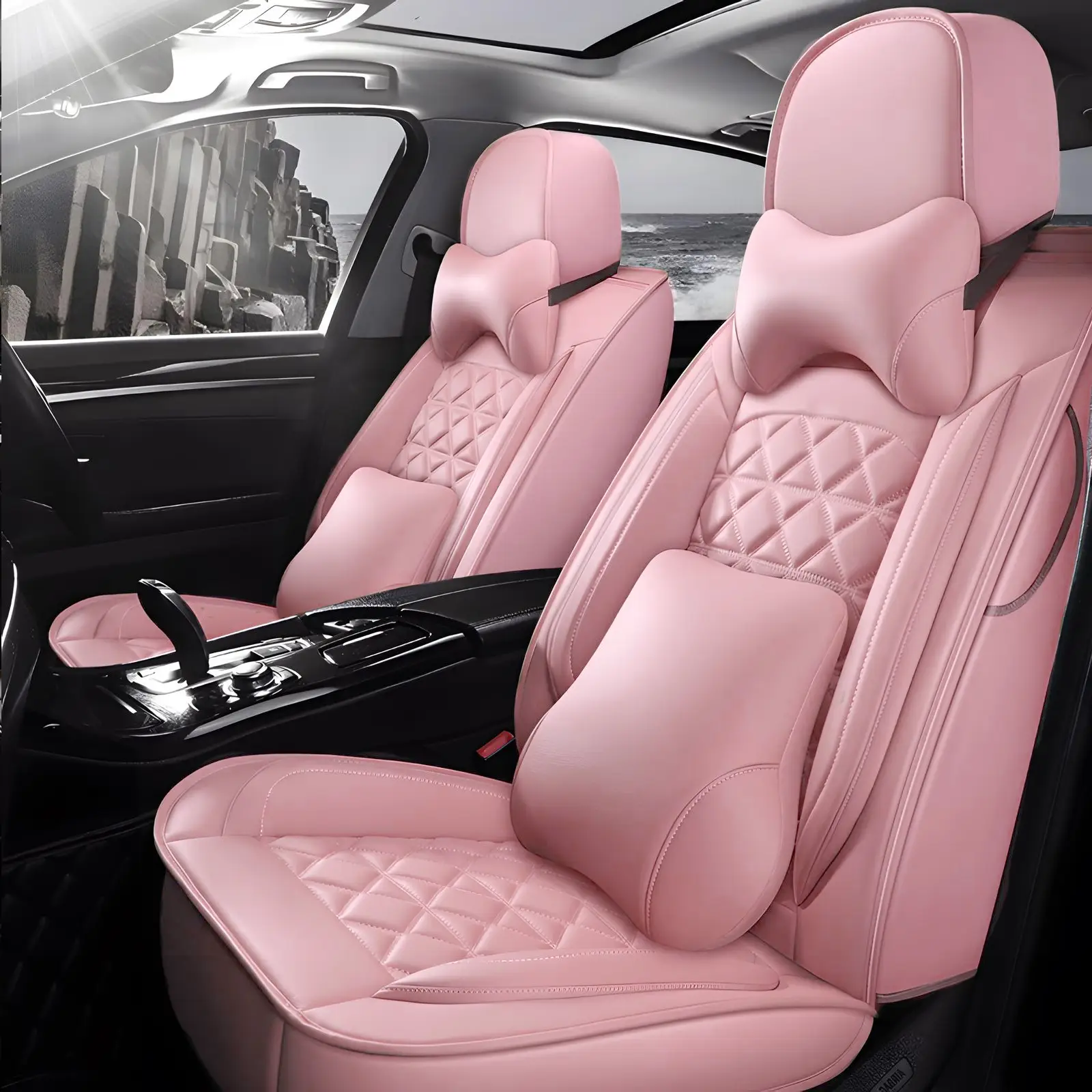 OTOEZ Luxury Leather Car Seat Covers 5 Seats Full Set Front Rear Cushion with Headrest Pillows for Most Vehicles Diamond Pattern