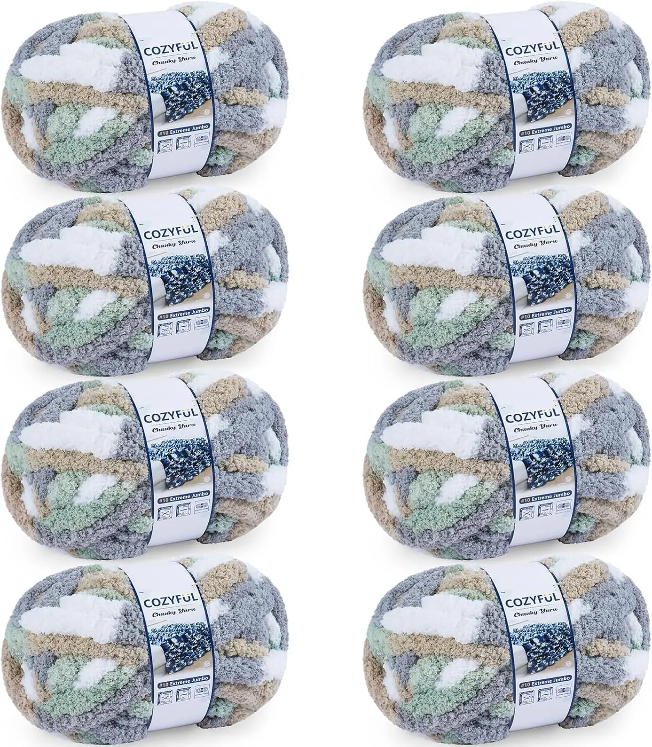Cozyful Chunky Yarn for Hand Knitting - #10 Chunky Chenille Blanket Yarn, Jumbo Big Thick Chunky Yarns for Crocheting, Tie Dye Bulky Knit Yarns, 8 Skein (20 yds 8 oz Each Skein), Cream&Sage&Grey&Khaki
