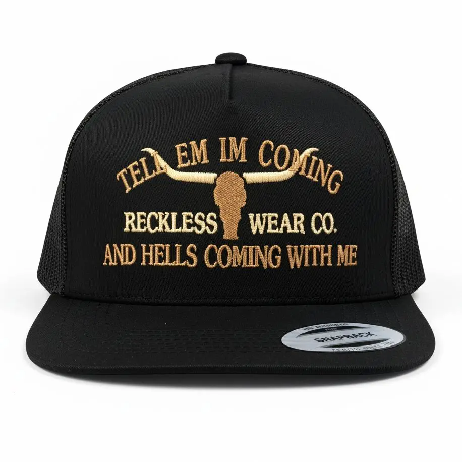 Tell Em Im Coming Embroidered Hat Black Mesh Trucker Cap Longhorn 7 Panel Flat Bill Snapback Hat Vintage Western Outlaw Cowboy Baseball Cap For Men Women Rebel Southern Gift