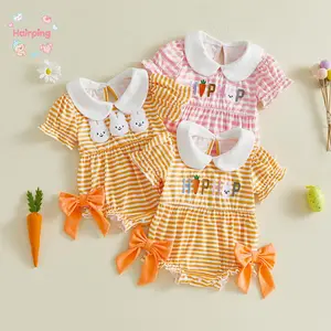 Baby Easter Outfit Set, Bunny/Hop Carrot Print Striped Romper with White Collar + Bow Detail, Cute Spring Newborn Toddler Clothes (0-18 Months)
