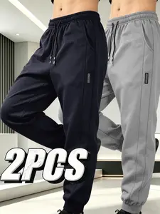 2 Pcs Men's Casual Sport Pants, Lightweight Polyester, Elastic Waist, Solid Color, Pockets, Knit, Ankle-Length, All Seasons