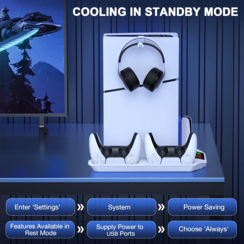 PS5 Stand for PS5 Slim Disc Digital, PS5 Cooling Station and Controller Charging Station for Playstation 5 Accessories with 3 Levels Cooling Fan, 3 USB Hub, Headset Holder, 13 Game Slots, Media Slot