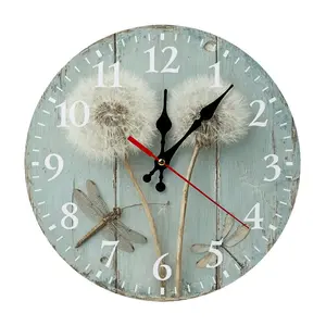 Vintage Round Rustic Blue Wood Dandelion and Dragonfly Wall Clock - Silent, Battery Not Included, Assembly Required, Farmhouse Room Decor