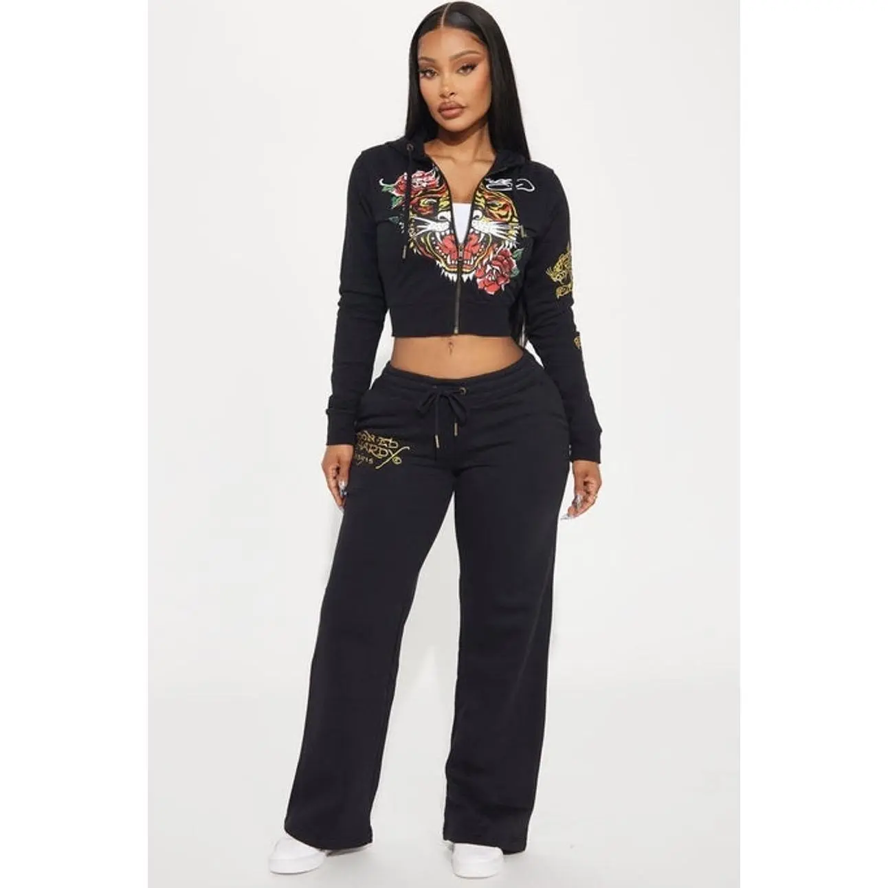Women's Ed Hardy Retro Tiger Motif Screen Print Casual Wide Leg Zip Pant - Black I, Polyester-Cotton Fabric, Hoodie Bottoms, Graphic, Trouser