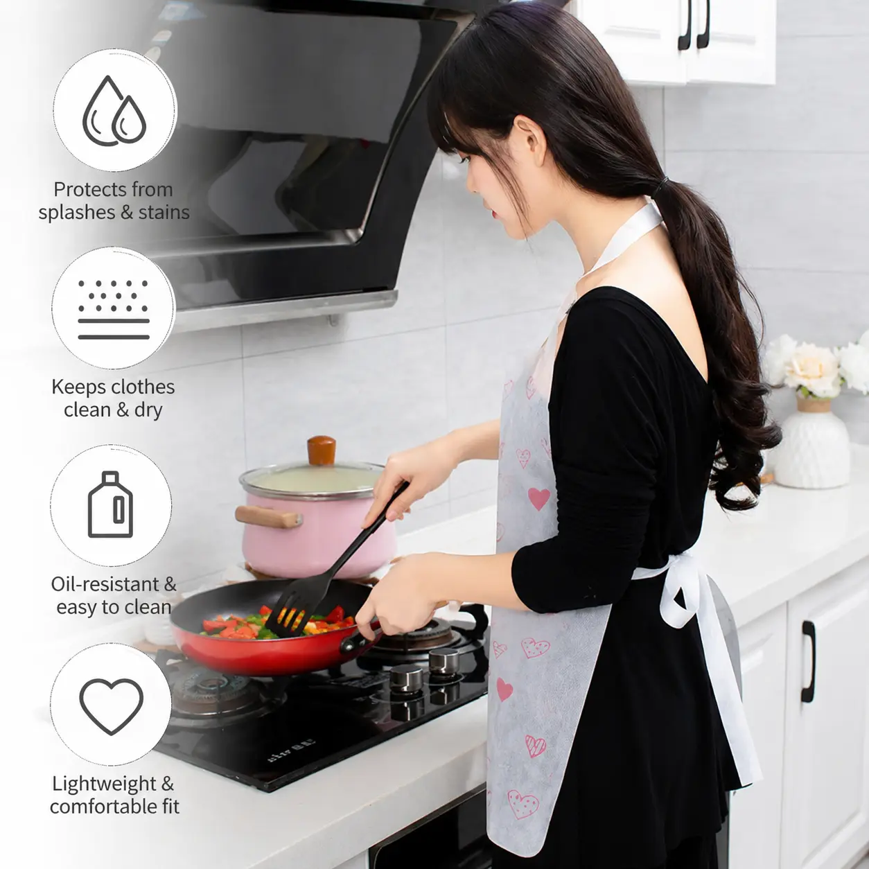 10-Count Disposable Non-Woven Anti-Fluid Aprons, Heart Print, Water-Oil Resistant, Breathable, Universal Size Cooking Aid for Kitchen & Daily Household Use, Kitchen Use