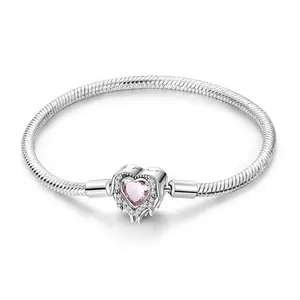 MULA 925 silver-plated guardian heart snake bone bracelet | Suitable for Pandora charms | Lucky wishes | Love pink crystal | Adjustable beaded bracelet | Women's gift