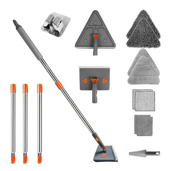 Multifunctional Wall & Baseboard Cleaning Mop Kit - 5-Section 81.5in Adjustable Stainless Steel Pole, 360° Rotatable Head, 8 Removable Washable Cloth Pads, Window Cleaner Accessory, Reduces Bending, Indoor & Outdoor Wet/Dry Use - 5161,5, 5-Section Pole